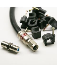 140ft BLACK TRI-SHIELD DIRECT BURIAL UNDERGROUND RG-11 COAXIAL CABLE 14AWG 75 Ohm GEL BRAIDED WEATHER SEAL BRASS CONNECTORS BARREL AND 10 NAIL CLIPS INCLUDED ASSEMBLED IN USA by PHAT SATELLITE INTL